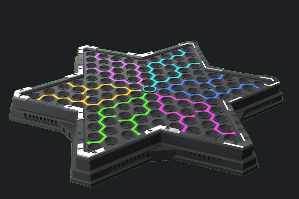 CAD render of the cast Chinese checkers star board with glowing coloured lanes.